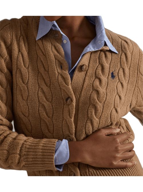 Cardigan da donna in misto lana e cashmere con lavorazione a trecce, girocollo, colore camel POLO RALPH LAUREN | 211972104001